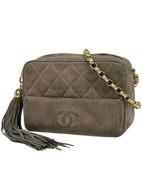Chanel CC Logo Fringe Chain Shoulder Bag Quilted Tassel Suede Green Beige